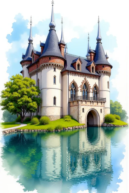 <lora:Vibrant_watercolor_v.22:0.8> WatercolorSketch style. The image is a highly detailed, photorealistic CGI rendering of a picturesque, medieval-style castle, likely inspired by European Gothic architecture. The castle, known as Schloss Schönbrunn, is situated on a small island in a serene, crystal-clear lake, reflecting its imposing structure. The castle’s façade is a harmonious blend of white stone and red brick, with intricate stonework details accentuating the towers and walls. The building's most striking features include two prominent, conical towers with steep, dark grey slate roofs and small, pointed spires atop them. The main body of the castle has a symmetrical design with tall, narrow windows and arched doorways, giving it a majestic, almost fairy-tale appearance. The castle's walls are adorned with a mixture of rectangular and arched windows, adding to its regal charm. The lush green landscape surrounding the castle features a mix of manicured lawns, small gardens, and a few scattered trees, including a large, lush green tree on the left side.