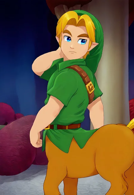 centaurm, monster boy, YLink, 1boy, solo, green hat, blonde hair, blue eyes, green tunic, brown belt, blond fur, centaur, horse legs, human torso, taur, animal ears