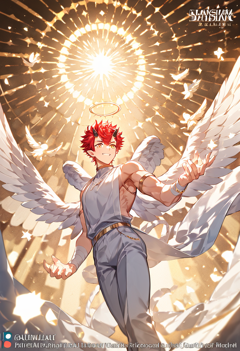 <lora:Expressive_H:1>,Red hair,horns,<lora:ShutenParadiso_Guardian:1>,from_below,foreshortening,muscular male,(sunlight),(angel),dynamic angle, floating, wing, halo, floating white silk,(Holy Light),silver stars,, 1boy, male focus, character name, series name,best quality, amazing quality, best aesthetic, absurdres,score_9,score_8_up,score_7_up,