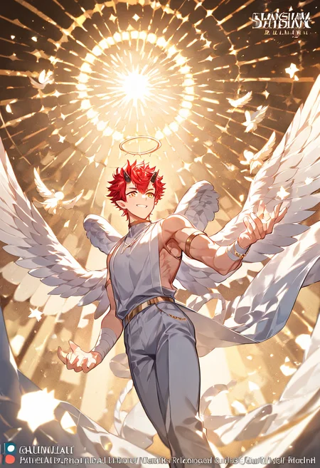<lora:Expressive_H:1>,Red hair,horns,<lora:ShutenParadiso_Guardian:1>,from_below,foreshortening,muscular male,(sunlight),(angel),dynamic angle, floating, wing, halo, floating white silk,(Holy Light),silver stars,, 1boy, male focus, character name, series name,best quality, amazing quality, best aesthetic, absurdres,score_9,score_8_up,score_7_up,