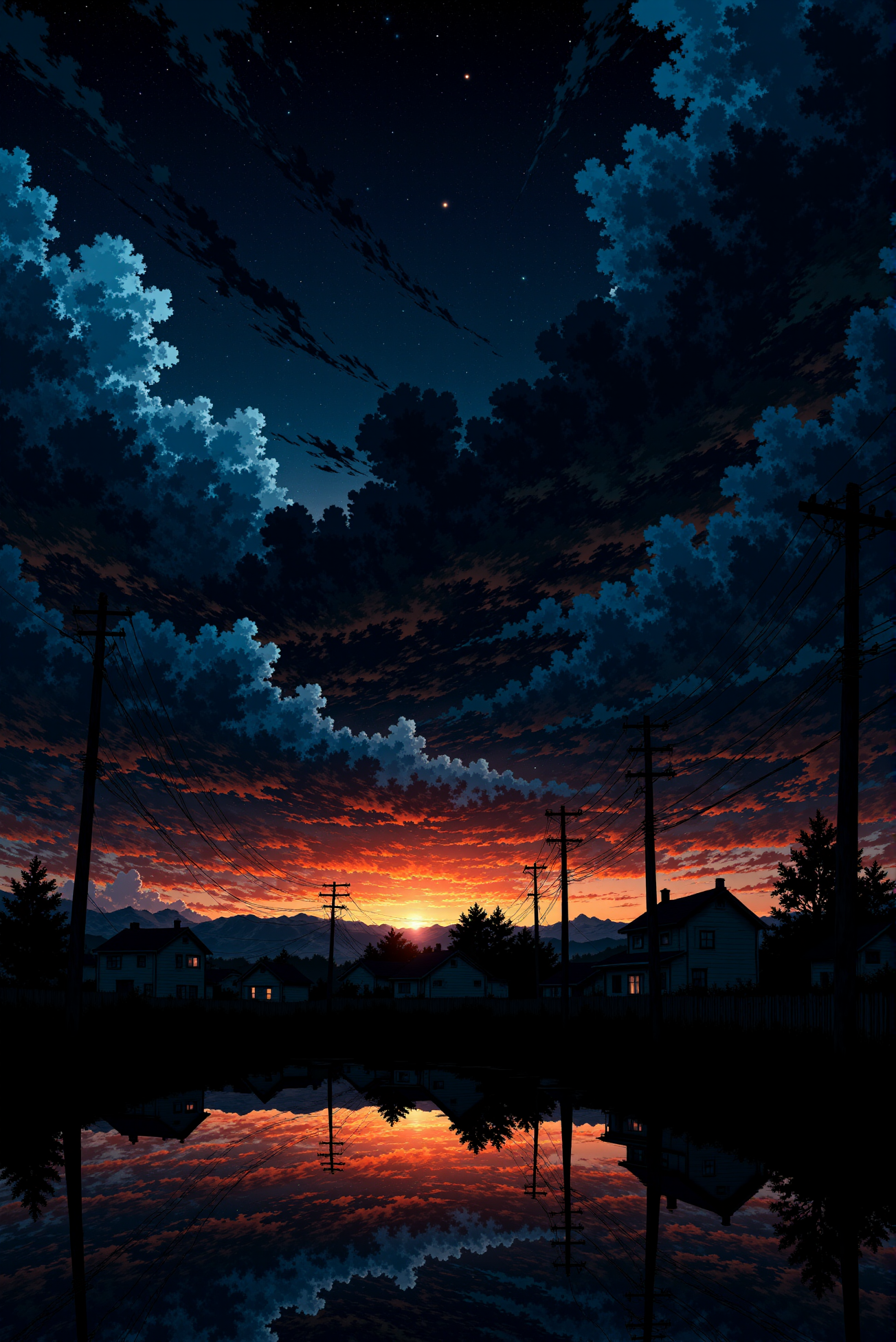 <lora:Anime_Sky:1.0> AnimeSky style. The image is a digital painting in a hyper-realistic style, capturing a breathtaking, dramatic sunset scene at dusk. The sky dominates the upper portion of the image, featuring a turbulent, stormy atmosphere with dark, ominous clouds in shades of deep navy and indigo. The clouds are interspersed with lighter, wispy tendrils and specks of light, suggesting a star-filled sky. The horizon is a gradient of vivid colors transitioning from deep orange and red near the horizon to a cool, gradient blue at the top. The sunset colors are reflected in the still water at the bottom of the image, creating a perfect mirror image of the sky and the scene below. Below the horizon, the scene transitions to a serene, suburban landscape. Power lines and poles stretch across the scene, their dark silhouettes adding to the dramatic, urban setting. Houses and buildings are visible along the silhouette of a ridge, their windows glowing with a soft, warm light, indicating they are lit inside.