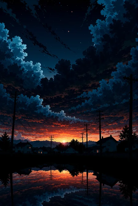<lora:Anime_Sky:1.0> AnimeSky style. The image is a digital painting in a hyper-realistic style, capturing a breathtaking, dramatic sunset scene at dusk. The sky dominates the upper portion of the image, featuring a turbulent, stormy atmosphere with dark, ominous clouds in shades of deep navy and indigo. The clouds are interspersed with lighter, wispy tendrils and specks of light, suggesting a star-filled sky. The horizon is a gradient of vivid colors transitioning from deep orange and red near the horizon to a cool, gradient blue at the top. The sunset colors are reflected in the still water at the bottom of the image, creating a perfect mirror image of the sky and the scene below. Below the horizon, the scene transitions to a serene, suburban landscape. Power lines and poles stretch across the scene, their dark silhouettes adding to the dramatic, urban setting. Houses and buildings are visible along the silhouette of a ridge, their windows glowing with a soft, warm light, indicating they are lit inside.