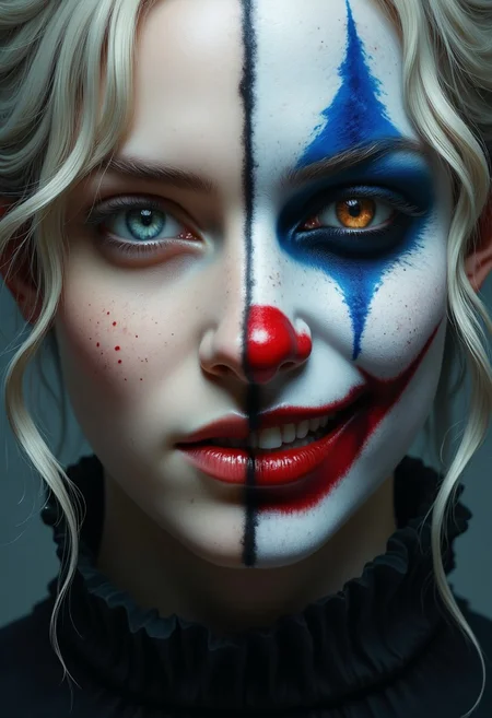 This is a highly detailed, realistic digital painting depicting a beautiful goth woman, half human, sinister clown. her left side is beautiful and graceful, she has blond hair and green eyes, everything looks human on her left side with a touch of gohtic makeup.
on the right side, her clown sinister face shows, with black tears.
her sinister clown side smiles maniacally, while your human side radiates a charming smile