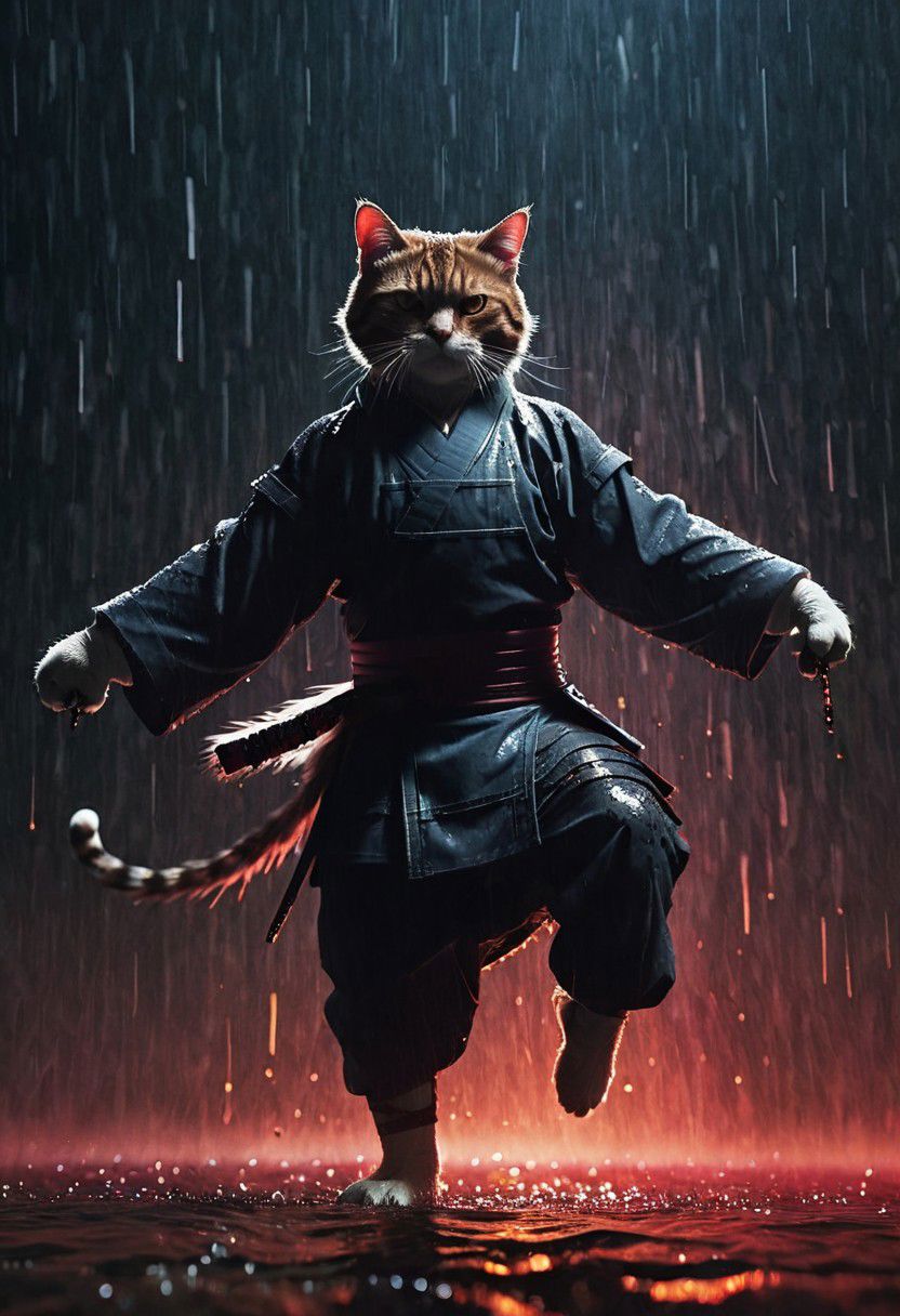 Fight Stance, drunken fist, high kick, a ghst Silhouette of a fluffy feudal armored shinobi cat in the Rain, Blood and water Fluids, proudly amidst a vibrant battlefield. Surround her with dynamic particles of Blood and gore, infront of the chaotic energy of a historical war scene.
very detailed, atmospheric haze, Film grain, cinematic film still, shallow depth of field, highly detailed, high budget, cinemascope, moody, epic, OverallDetail, gorgeous, 2000s vintage RAW photo, photorealistic, candid camera, color graded cinematic, eye catchlights, atmospheric lighting, skin pores, imperfections, natural, shallow dofintricate, elegant, fantasy art, portrait, dark, retro, ecstatic, plain, powerful, realistic, navy blue, dark color