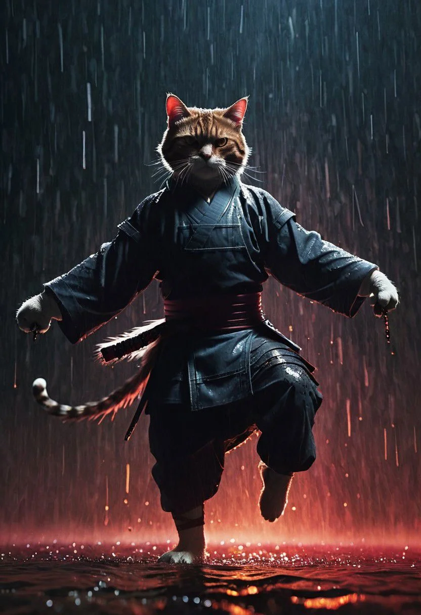 Fight Stance, drunken fist, high kick, a ghst Silhouette of a fluffy feudal armored shinobi cat in the Rain, Blood and water Fluids, proudly amidst a vibrant battlefield. Surround her with dynamic particles of Blood and gore, infront of the chaotic energy of a historical war scene.
very detailed, atmospheric haze, Film grain, cinematic film still, shallow depth of field, highly detailed, high budget, cinemascope, moody, epic, OverallDetail, gorgeous, 2000s vintage RAW photo, photorealistic, candid camera, color graded cinematic, eye catchlights, atmospheric lighting, skin pores, imperfections, natural, shallow dofintricate, elegant, fantasy art, portrait, dark, retro, ecstatic, plain, powerful, realistic, navy blue, dark color