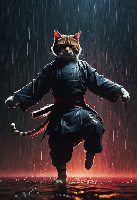Fight Stance, drunken fist, high kick, a ghst Silhouette of a fluffy feudal armored shinobi cat in the Rain, Blood and water Fluids, proudly amidst a vibrant battlefield. Surround her with dynamic particles of Blood and gore, infront of the chaotic energy of a historical war scene.
very detailed, atmospheric haze, Film grain, cinematic film still, shallow depth of field, highly detailed, high budget, cinemascope, moody, epic, OverallDetail, gorgeous, 2000s vintage RAW photo, photorealistic, candid camera, color graded cinematic, eye catchlights, atmospheric lighting, skin pores, imperfections, natural, shallow dofintricate, elegant, fantasy art, portrait, dark, retro, ecstatic, plain, powerful, realistic, navy blue, dark color