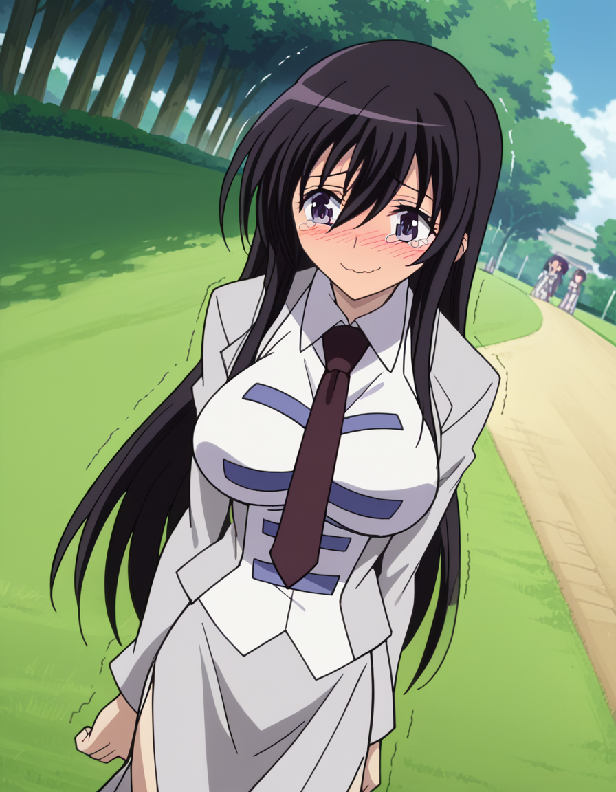 score_9, score_8_up, score_7_up, source_anime, <lora:kyouko-sonan-s1-ponyxl-lora-nochekaiser:1>, kyouko sonan, long hair, black hair, purple eyes, hair between eyes, sidelocks, anime screencap,, skirt, long sleeves, uniform, side slit, skirt suit, necktie, large breasts,, park, grass, benches, path, recreation, smile, <lora:ijimeka-ponyxl-lora-nochekaiser:1> ijimeka, ijimeka (meme), meme, full-face blush, trembling, embarrassed, wavy mouth, tears, tearing up, blush, looking down, cowboy shot,, looking at viewer, solo,, dutch angle, cowboy shot