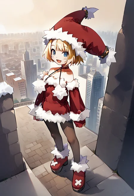 score_9, score_8_up, score_7_up,source_anime, Witch, solo,fur-trimmed sleeves, hat, pantyhose, fur-trimmed dress, fur-trimmed red clothes, fur-trimmed headwear, fur-trimmed boots , red footwear, bare shoulders, pom pom \(clothes\), choker, detached sleeves,smile,cheek,open mouth,solo focus,dynamic,dramatic angle,outdoor,city,day,Sunshine,