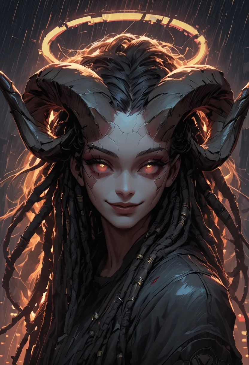 score_9, score_8_up, score_8, female, cel-shading, backlit, big eyes, cute eyes, delicate features, long hair, (dreadlocks), black hair, portrait, smug, seductive eyes, hologram halo, techwear, cyborg, cybernoir, heavy rain, rainrops, cyberpunk city, doe eyes, happy eyes, side view, voloptuous, burly woman, h0rns, horns, ram horns, metal horns, fair skin,