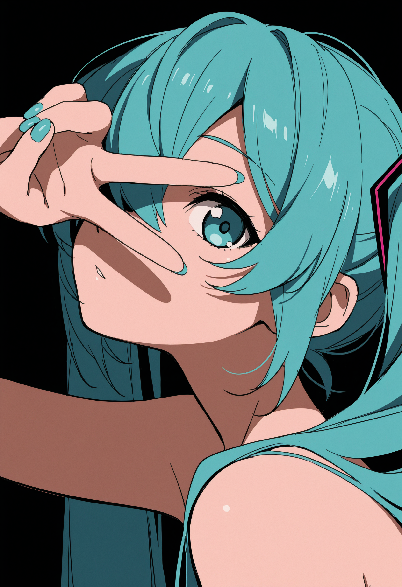 masterpiece, best quality, newest, absurdres, highres, very awa, anime screencap, sketch, limited palette, 1girl, solo, from side, side angle, foreshortening, aqua nails, aqua hair, looking at viewer, close-up, miku, fingernails, twintails, v over eye, one eye covered, film grain,