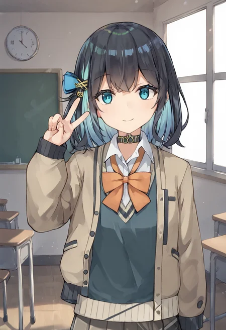 score_9, score_8_up, score_7_up, source_anime, <lora:lowres_concept_ponyXL_v1:-0.3>
BREAK,
<lora:miyamai_moca_ponyXL_v3-15:1> miyamai_moca, black hair, blue hair, colored inner hair, multicolored hair, blue eyes, hair ornament,
school uniform, brown jacket, open jacket, sweater vest, white shirt, choker, smile, classroom, looking at viewer, indoors, standing, v, peace sign, window,