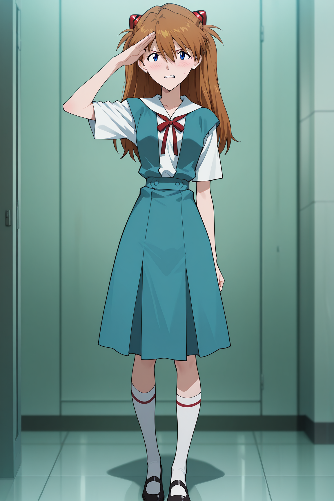 masterpiece, best quality, absurdres, highres, source anime, very aesthetic, very awa, BREAK, anime coloring, anime screencap,
<lora:asuka_rebuild_v2-illustrious:1>, 1girl, souryuu asuka langley, rebuild of evangelion, blue eyes, brown hair, interface headset,
 salute, clenched teeth,
BREAK, looking at viewer, blush, narrow waist,
BREAK, tokyo-3 school uniform, mary janes,