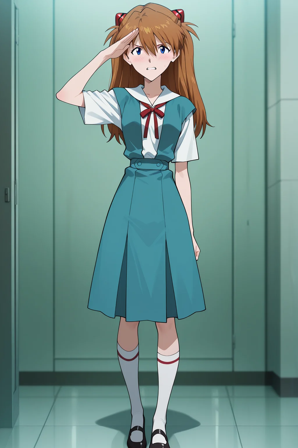 masterpiece, best quality, absurdres, highres, source anime, very aesthetic, very awa, BREAK, anime coloring, anime screencap,
<lora:asuka_rebuild_v2-illustrious:1>, 1girl, souryuu asuka langley, rebuild of evangelion, blue eyes, brown hair, interface headset,
salute, clenched teeth,
BREAK, looking at viewer, blush, narrow waist,
BREAK, tokyo-3 school uniform, mary janes,
