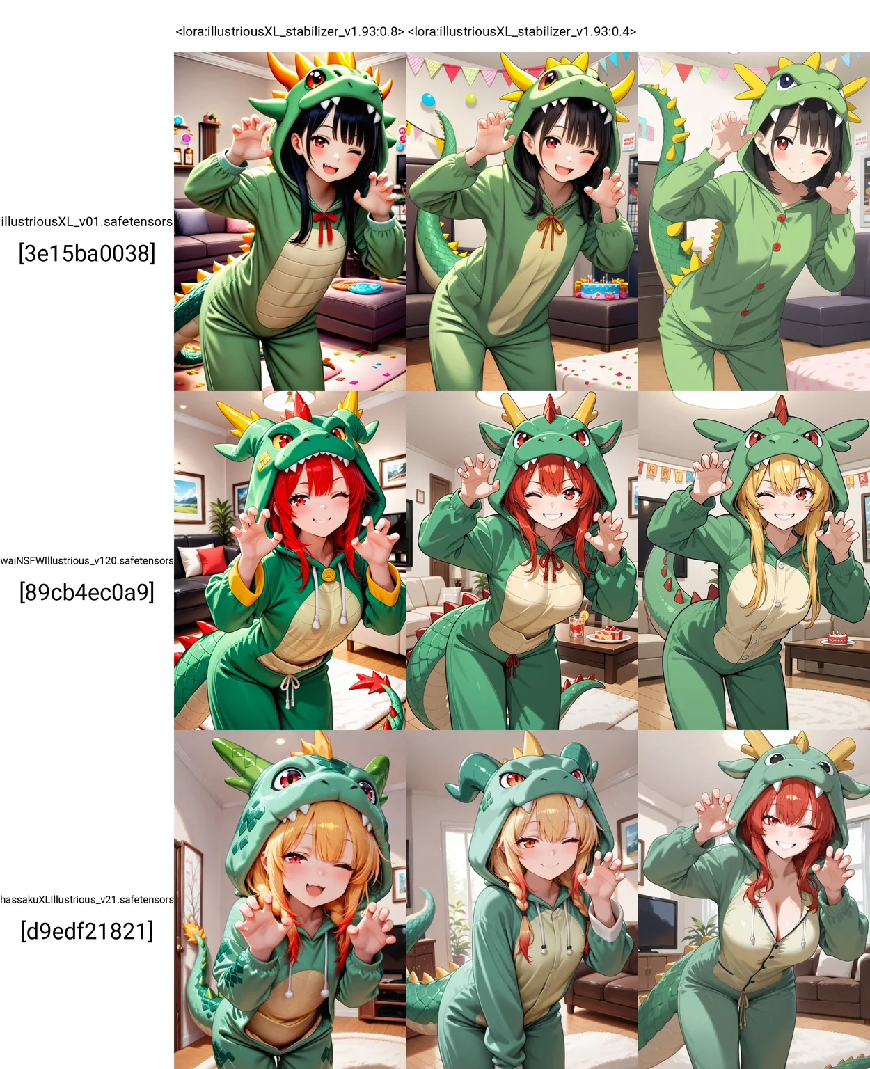 <lora:illustriousXL_stabilizer_v1.93:0.8>1girl,red eyes,smile,one eye closed,cowboy shot,claw pose,leaning forward,green pajamas,dragon costume,spiked tail,party,living room,masterpiece,