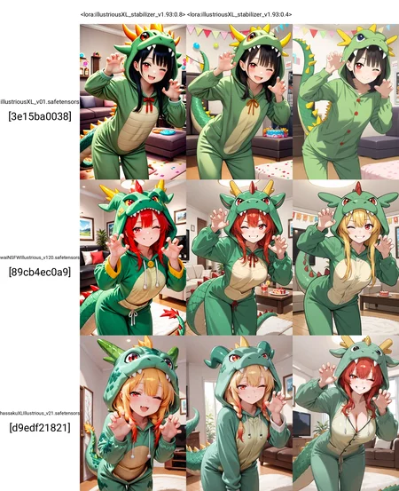 <lora:illustriousXL_stabilizer_v1.93:0.8>1girl,red eyes,smile,one eye closed,cowboy shot,claw pose,leaning forward,green pajamas,dragon costume,spiked tail,party,living room,masterpiece,