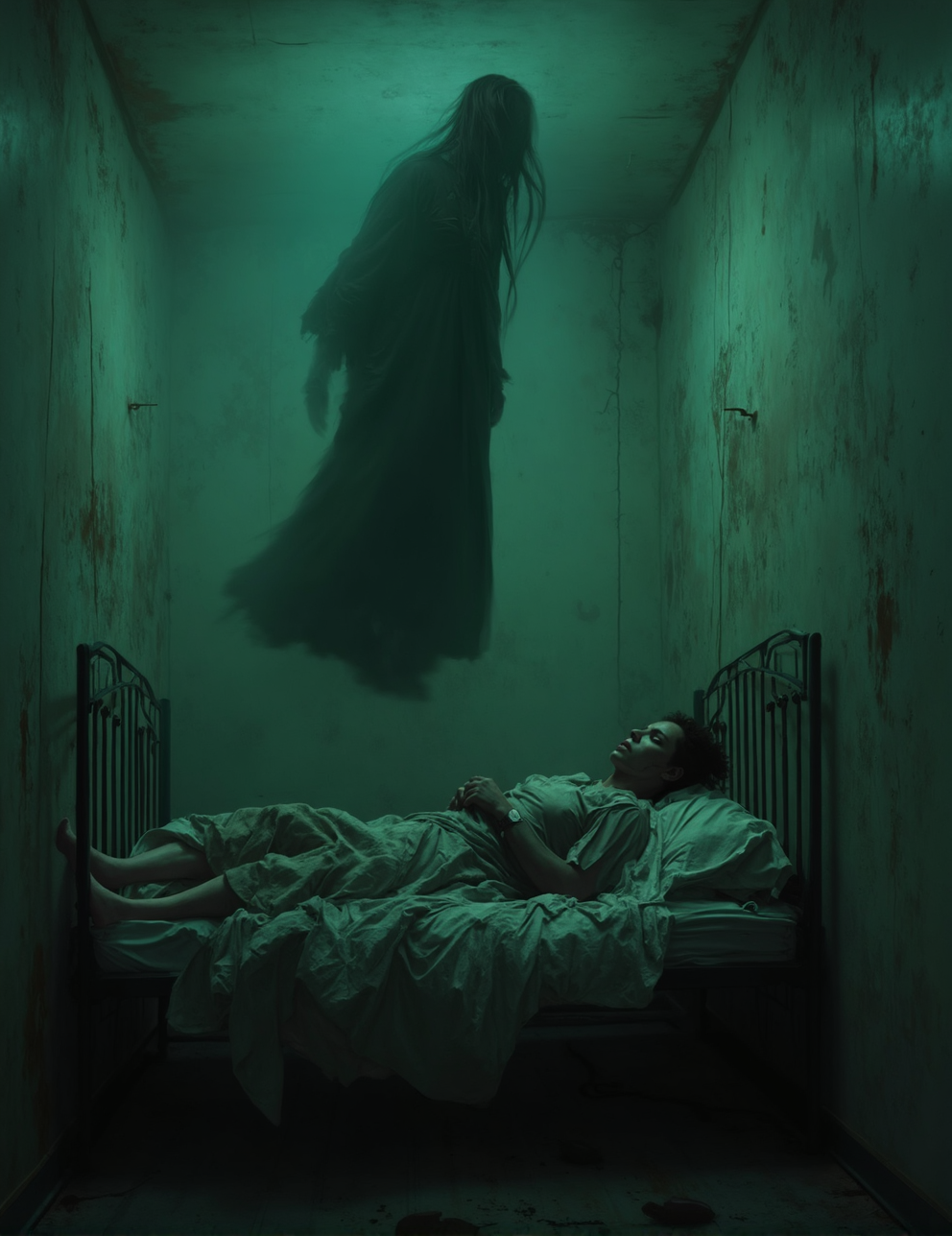  a haunting, supernatural scene set in a dingy, eerie room. The room is poorly lit with a sickly green hue, enhancing the atmosphere of horror. In the upper part of the image, a figure is levitating in mid-air, parallel to a metal-framed bed. The figure is dressed in a long, dark gown, and their hair hangs limply downward, obscuring their face, which contributes to the unsettling nature of the image.

on the bed, another person is lying on the bed, looking up in terror at the levitating figure. This person appears scared, wearing tattered clothes,  The bed and walls are grimy and stained, adding to the sense of decay and neglect.

The overall atmosphere is dark, mysterious, and ominous, invoking a sense of supernatural horror or possession.