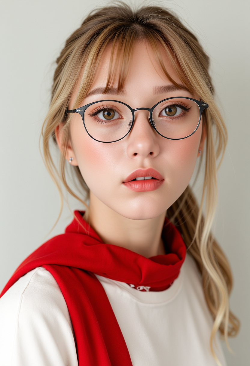 She is approximately 18 years old. Hyperrealism, she is looking at the camera, (dynamic angles), profile headshots of a beautiful, stunning unique female character. she has blonde hair. her eyes are filled with joy and excitement, extravagant eyelashes, a photo of Choco, a woman wearing glasses, a red scarf, and a white shirt. The woman is posing confidently. simple beige background. She has a slight smile on her face and is looking directly at the camera. The background is a simple white wall.. making this image a masterpiece of photography and digital art. Style: realistic hyper-detailed rendering, 32k UHD, expressive eyes, punk, graphic design, girl's face, pretty and cute, gleaming lips, white skin, telling a tale of adventure. Exuding confidence and serenity. The background is a simple white wall. The overall mood of the image is happy and relaxed.RAW candid cinema,16mm,color graded portra 400 film,remarkable color,ultra realistic,textured skin,remarkable detailed pupils,realistic dull skin noise,visible skin detail,skin fuzz,dry skin,shot with cinematic camera,detailed skin texture,(blush:0.2),(goosebumps:0.3),subsurface scattering,beautiful photograph in the style of Augustus John,Sergio Toppi,Virginia Frances Sterrett,8k HD,detailed skin texture,ultra realistic,textured skin,analog raw photo,cinematic grain,whimsical,detailed hand,perfect hand.perfect style.