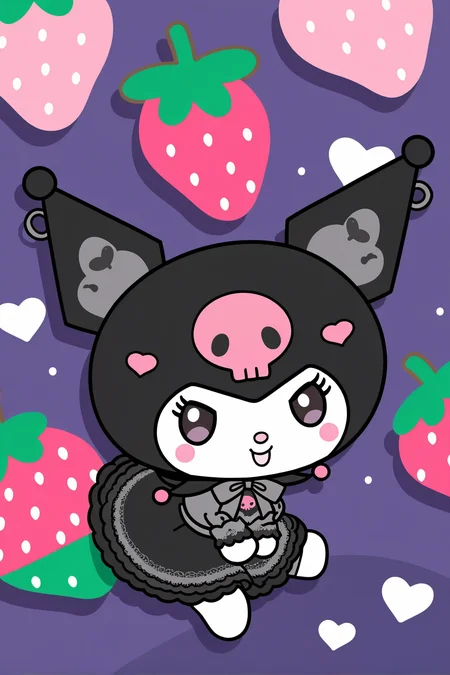 8k, best quality, masterpiece, (ultra-detailed), (high detailed skin), full body, solo, looking at viewer,
<lora:kuluomi-neta2-Tanger-000014:0.7>, kuluomi cat, default clothes, black cat ears, forehead skull mark, Black head covering, cute anime pet, no humans, animal focus,
flying, fruit, food, strawberry, heart,dress