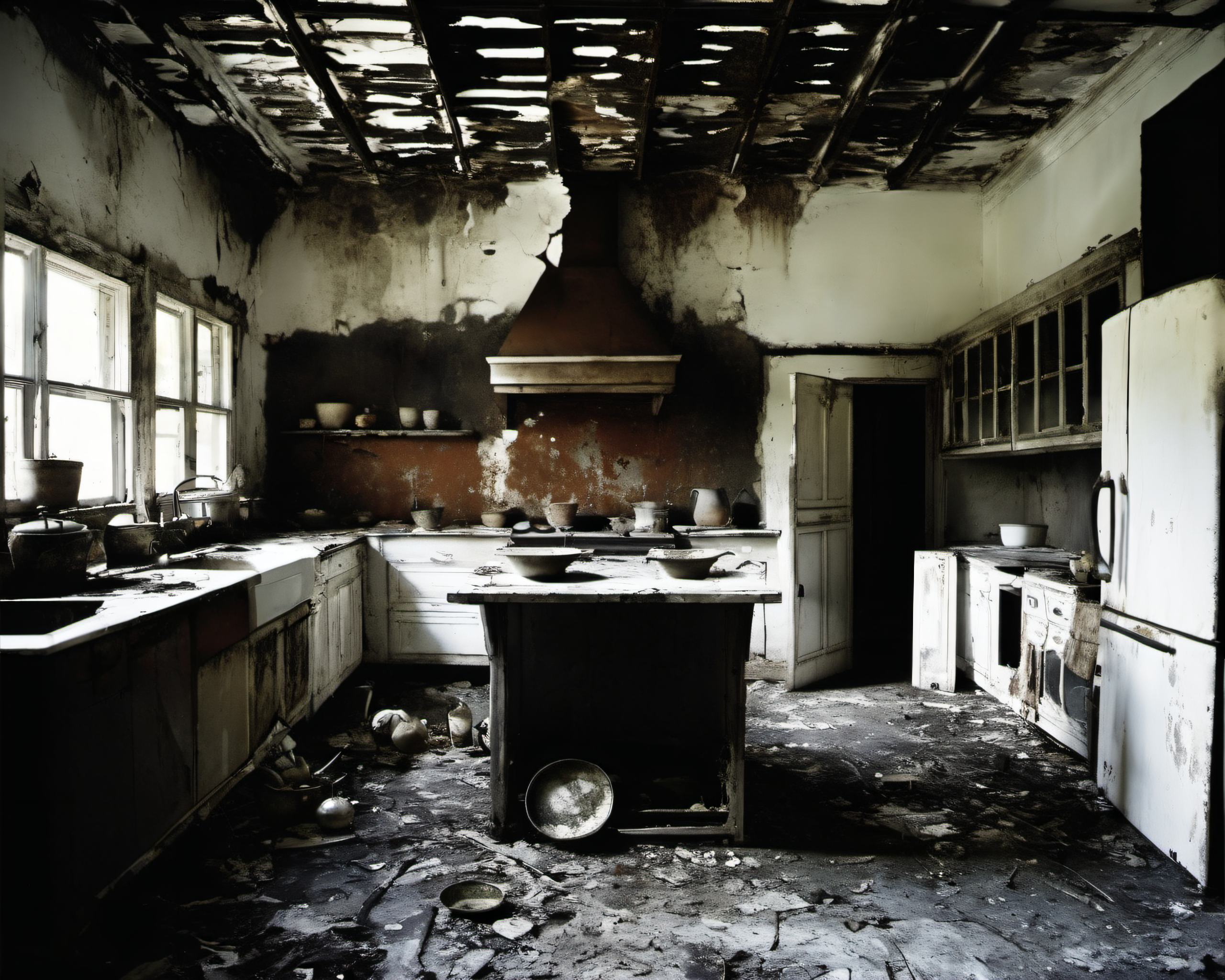 on a post-apocalyptic kitchen, scattered rusted pots, cracked dining table, moldy open refrigerator.  , by Mario Testino, SZ_4poXL enviroment   <lora:Post ApocalypticXL_v2:0.6>