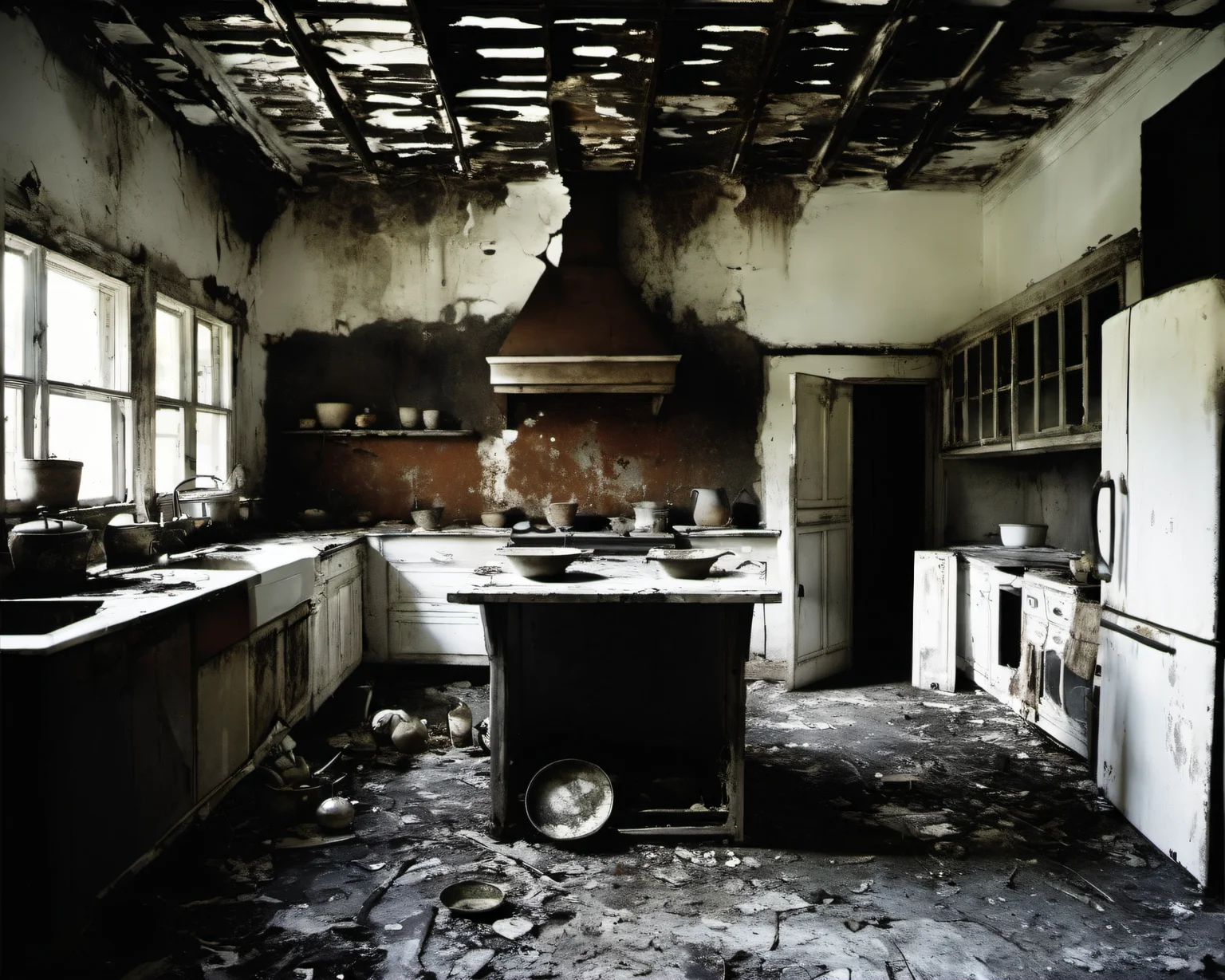 on a post-apocalyptic kitchen, scattered rusted pots, cracked dining table, moldy open refrigerator.  , by Mario Testino, SZ_4poXL enviroment   <lora:Post ApocalypticXL_v2:0.6>