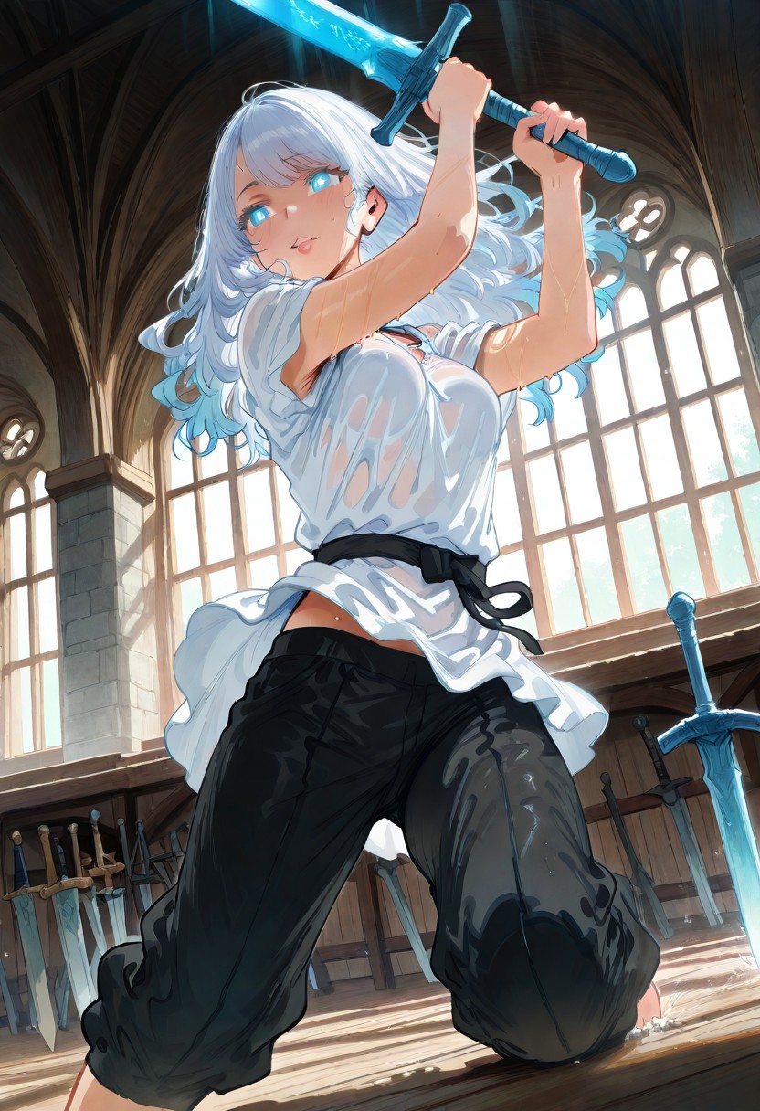 masterpiece, best quality, amazing quality, aesthetic, absurdres, newest, very aesthetic, volumetric lighting, uncensored, 8k, ultrahd, ray tracing, sharp focus,
BREAK
nsfw, ambient occlusion, intricate cinematic background, beautiful detailed face, (sexy, slutty, hot), anime_face, Hews,
BREAK
masterpiece, highly detailed, solo, beautiful eyes, big eyes, (cyan eyes, bright pupils), glowing eyes, detailed eyes, perfect eyes, detailed pupils, perfect body, (sexy lips), 1girl,
BREAK
fair skin,
BREAK
white hair, long hair, swept bangs from left, medium breasts, loose white tunic, tight black trousers, sabatons,
BREAK
dynamic action pose, standing, dynamic expressions, holding weapon, greatsword, training, swinging, sparring, sweaty, focused,
BREAK
portrait, face focus, dutch angle, full body, indoors, day, sunlight, training arena, huge windows, mirrors, weapon racks, medieval fantasy, rich color tone, tasteful layout, cinematic composition, detailed background,