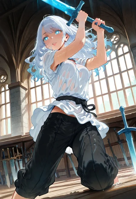 masterpiece, best quality, amazing quality, aesthetic, absurdres, newest, very aesthetic, volumetric lighting, uncensored, 8k, ultrahd, ray tracing, sharp focus,
BREAK
nsfw, ambient occlusion, intricate cinematic background, beautiful detailed face, (sexy, slutty, hot), anime_face, Hews,
BREAK
masterpiece, highly detailed, solo, beautiful eyes, big eyes, (cyan eyes, bright pupils), glowing eyes, detailed eyes, perfect eyes, detailed pupils, perfect body, (sexy lips), 1girl,
BREAK
fair skin,
BREAK
white hair, long hair, swept bangs from left, medium breasts, loose white tunic, tight black trousers, sabatons,
BREAK
dynamic action pose, standing, dynamic expressions, holding weapon, greatsword, training, swinging, sparring, sweaty, focused,
BREAK
portrait, face focus, dutch angle, full body, indoors, day, sunlight, training arena, huge windows, mirrors, weapon racks, medieval fantasy, rich color tone, tasteful layout, cinematic composition, detailed background,