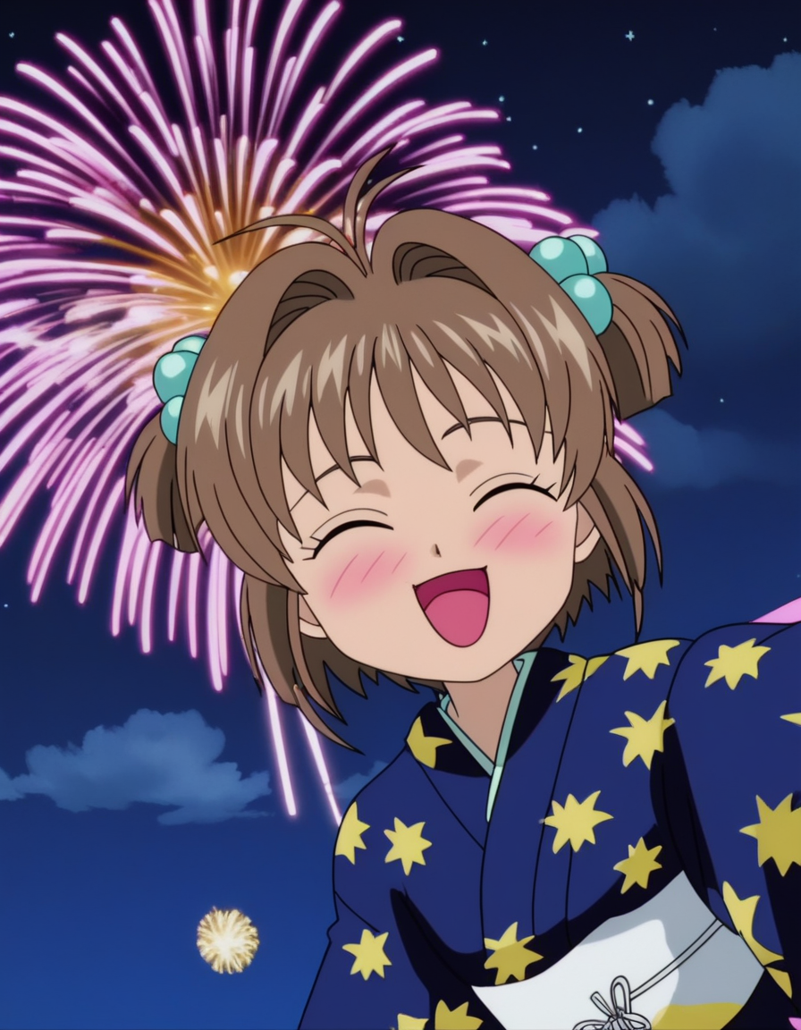 score_9, <lora:sakura_pony_v1:0.7> (kinomoto sakura), anime screencap, looking at viewer, 4k, outside, night, starry sky, cloud, closed eyes, blush, fireworks, reaching towards viewer, happy, print kimono,