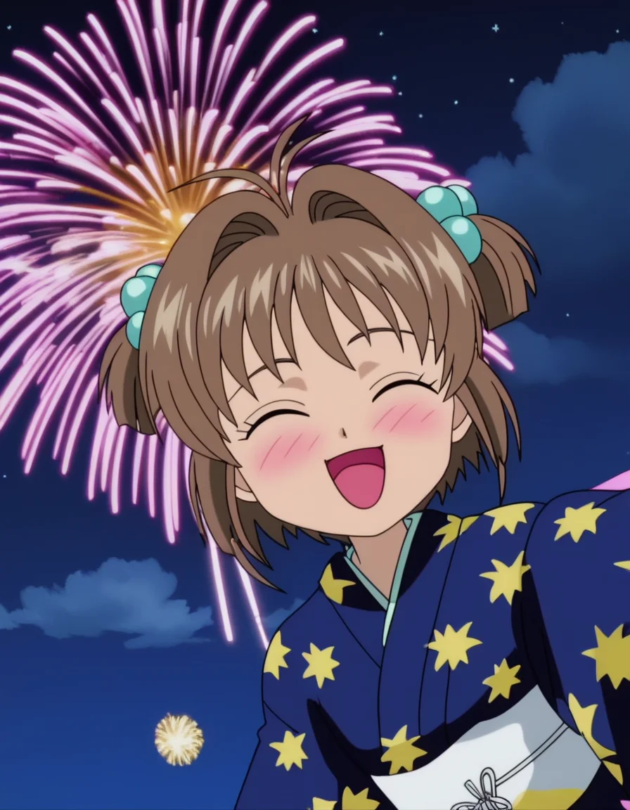 score_9, <lora:sakura_pony_v1:0.7> (kinomoto sakura), anime screencap, looking at viewer, 4k, outside, night, starry sky, cloud, closed eyes, blush, fireworks, reaching towards viewer, happy, print kimono,