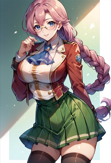 score_9, score_8_up, score_7_up, emmathors, ascot, blue eyes, braided ponytail, breasts, glasses, loafers, long hair, pink hair, pleated skirt, red jacket, single braid, thighhighs, white shirt, large breasts, <lora:emma-rebake3:0.9>, green skirt