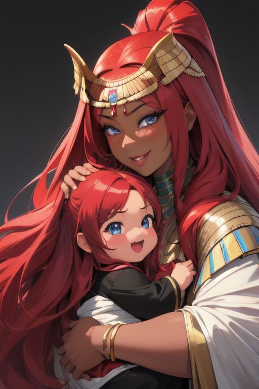 masterpiece, best quality, ultra realistic, 8k uhd, very high quality, extremely detailed face:, dark skin and very muscular Egyptian-Japanese mother holding her dark skin female toddler, both are smiling and happy, both have dark skin as well as bright blue eyes and absurdly long ruby red hair, super long ruby red hair