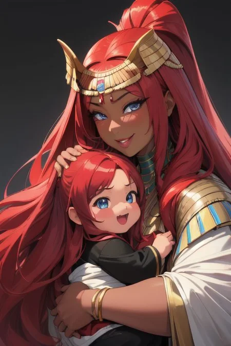masterpiece, best quality, ultra realistic, 8k uhd, very high quality, extremely detailed face:, dark skin and very muscular Egyptian-Japanese mother holding her dark skin female toddler, both are smiling and happy, both have dark skin as well as bright blue eyes and absurdly long ruby red hair, super long ruby red hair
