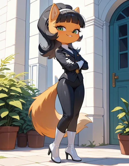 masterpiece, best quality, very aesthetic, absurdres,
outdoors, standing, posing, 
full body, seductive smile, parted lips, long eyelashes,
white gloves, white high heel boots, black pants, black jacket, long sleeves, 
<lora:Kitty_Katswell_v01_NAIXL:1>
K1tty_Kat6w3311, 1girl, solo, furry, furry female, animal ears, long hair, black hair, hairband, blunt bangs, flipped hair, green eyes, animal nose, body fur, orange fur, tail,