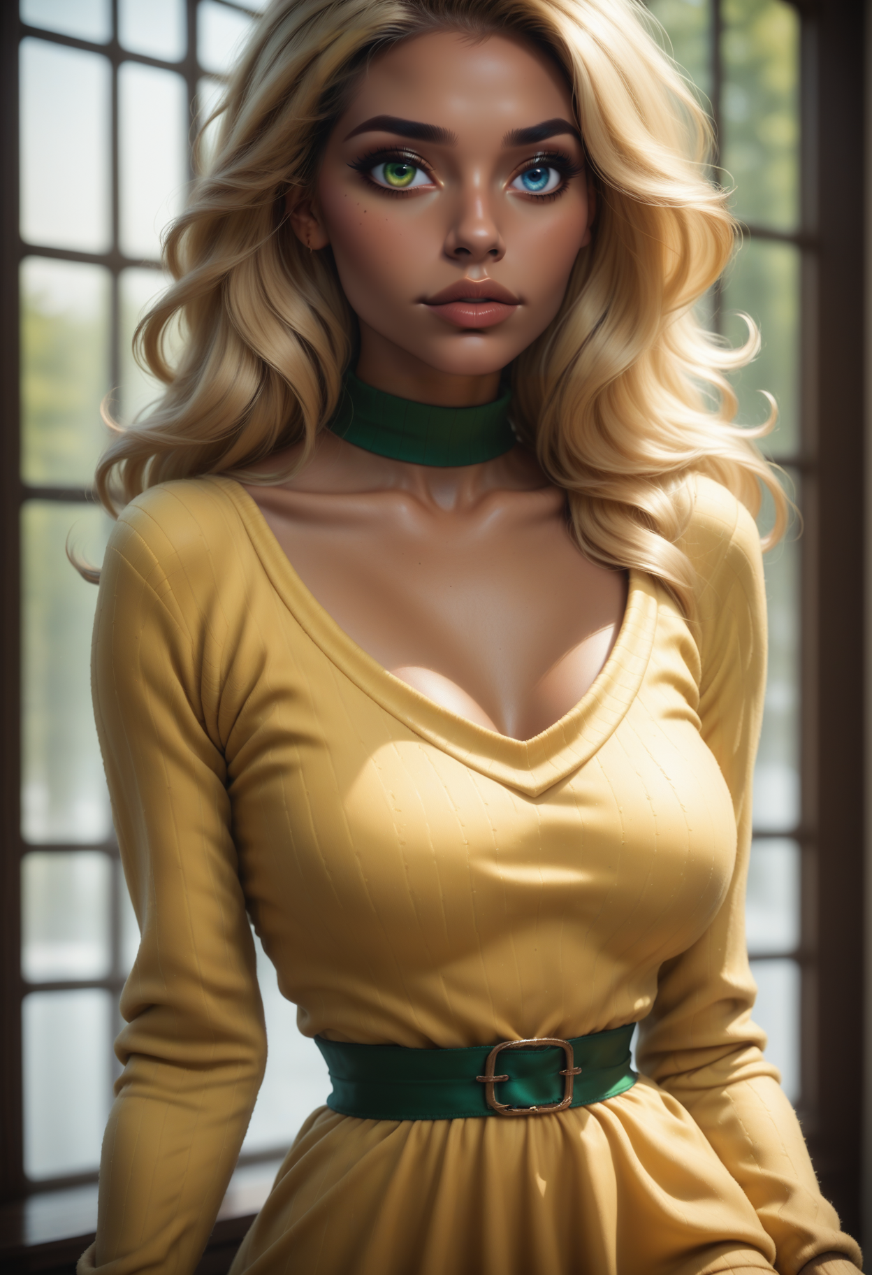 score_9, score_8_up, score_7_up,
1girl, solo, sexy sweater dress, yellow dress, scoop neck, long sleeves, green choker,
<lora:Dark_Flavia_Pony_v0.2:0.5> d4rkfl4v14, blue eyes, green eyes, heterochromia, dark skin,