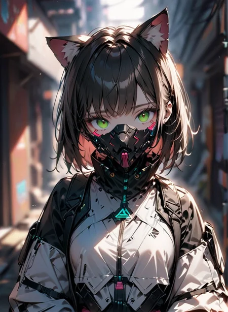 masterpiece,high resolution,shadow detail,natural light,
techwear, 
 1girl, solo, , blurry background, cyberpunk, looking at viewer,,cat ears,white clothes,front view,robot mask
 <lora:TechWearXL:0.8>