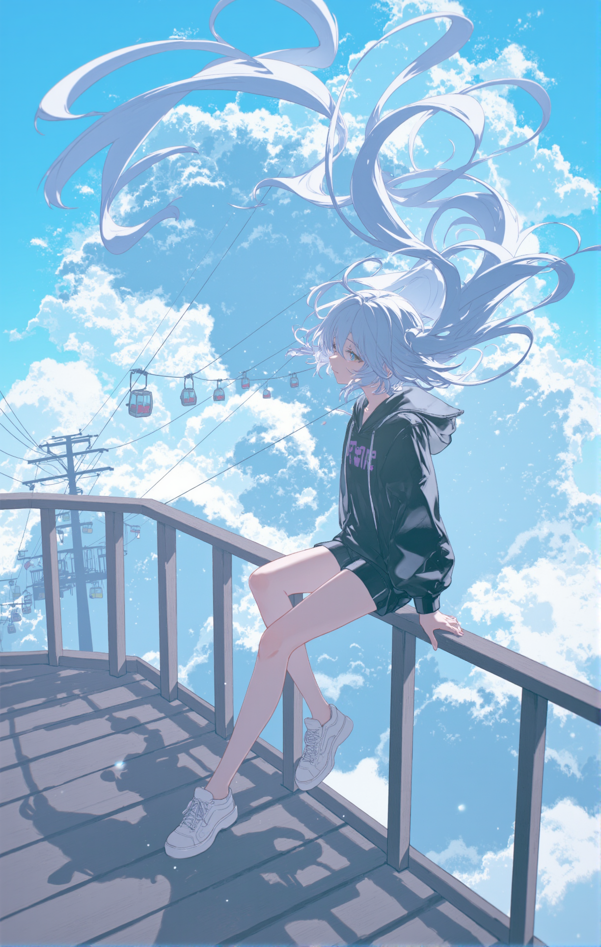 very long hair floating upward,windyThe image is an illustration of a young woman sitting on a wooden platform with a cable car in the background. The woman is wearing a black jacket shorts and sneakers. The background is a blue sky with white clouds and a large wave-like formation, 1girl,bare legs,black jacket,black shirt,black shorts,blouse,bob cut,cloud,cloudy sky,dutch angle,flying whale,jacket,ligne claire,long sleeves,multicolored eyes,on railing,power lines,railing,shirt,shoes,short shorts,shorts,signature,sitting,sky,sneakers,solo,stairs,utility, hfu1,   <lora:Hair_floating_up-000008:.6>  <lora:aesthetical_epoch_3:1> b74_aes <lora:AnimeLight-v2-000103:.4>