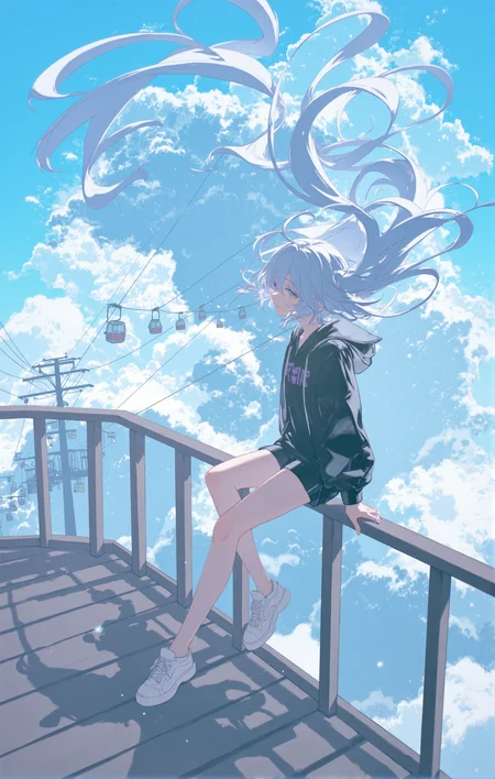 very long hair floating upward,windyThe image is an illustration of a young woman sitting on a wooden platform with a cable car in the background. The woman is wearing a black jacket shorts and sneakers. The background is a blue sky with white clouds and a large wave-like formation, 1girl,bare legs,black jacket,black shirt,black shorts,blouse,bob cut,cloud,cloudy sky,dutch angle,flying whale,jacket,ligne claire,long sleeves,multicolored eyes,on railing,power lines,railing,shirt,shoes,short shorts,shorts,signature,sitting,sky,sneakers,solo,stairs,utility, hfu1,   <lora:Hair_floating_up-000008:.6>  <lora:aesthetical_epoch_3:1> b74_aes <lora:AnimeLight-v2-000103:.4>