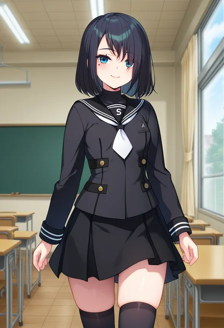 masterpiece, best quality, amazing quality, absurdres, 1girl, solo, cowboy shot, sakuraww, blue eyes, tsurime, black hair, medium hair, asymmetrical bangs, hair over eyes, mole under eye, small breasts, school uniform, black serafuku, black sailor collar, white neckerchief, black shirt, long sleeves, black pleated skirt, black kneehighs, looking at viewer, smile, indoors, day, skindentation, detailed clothing folds, depth of field, sharp, high contrast, dynamic light <lora:Yukimoto_Sakura_Shinsou_Noise_ill:0.8>