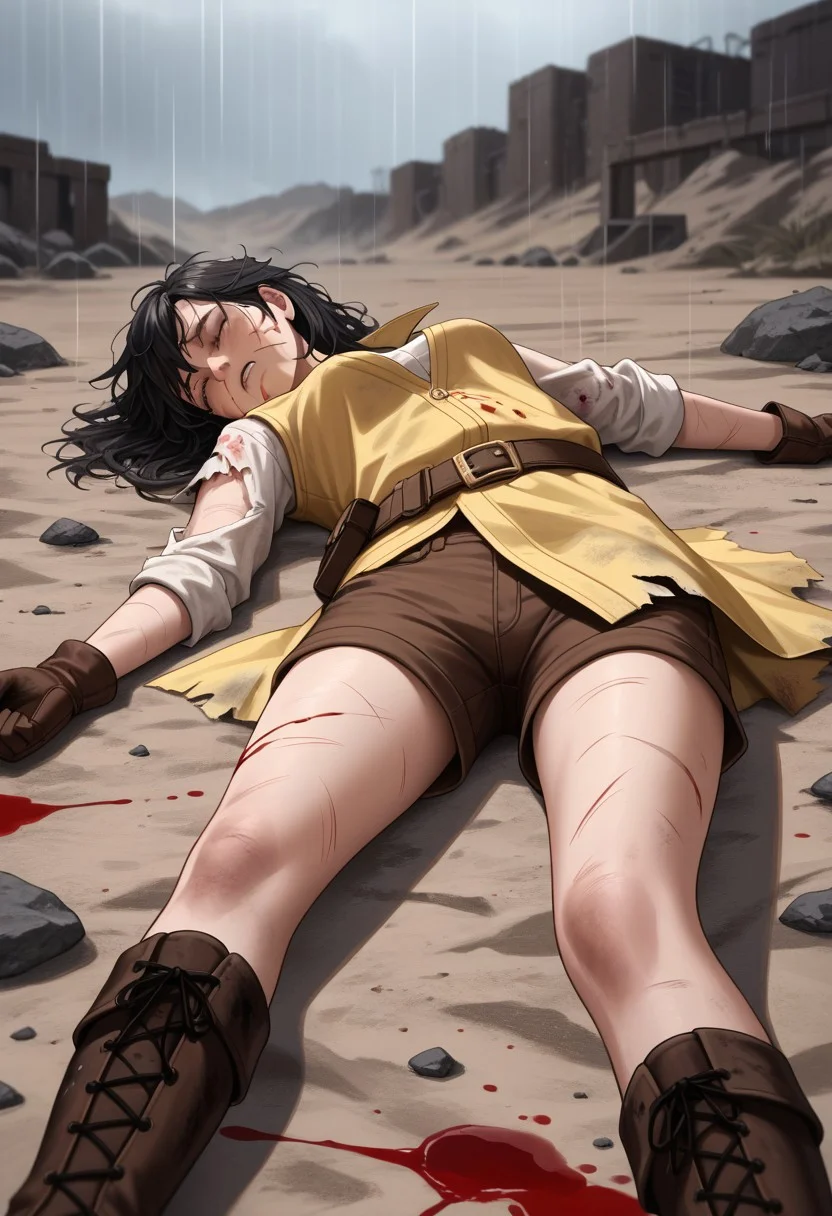 score_9, score_8_up, score_7_up,
high quality, high resolution, detailed, highres, source_anime, masterpiece, best quality, highres, intricate,
BREAK
1girl, solo,
magical girl dress, yellow steampunk dress, (brown shorts:1.2), utility belt, brown boots, brown gloves, black tights,
black hair, medium hair, messy hair,
lying, defeated, closed eyes, looking down, tired, corpse,
blood, blood on clothes, blood on face, bloody, cuts, bruises, damaged, torn clothes, hurt, blood tears, blood pool, dying,
broken sword, sword lying on the ground,
detailed battlefield background, wasteland, desert, heavy rain, rain, dark, night sky, injured, scars, ruin, rocks, ruins, rain, smoke, dust, dirt,
side view, low angle, wide shot,
blurry background, depth of field, shadow,
ghostshell, retrostyle,