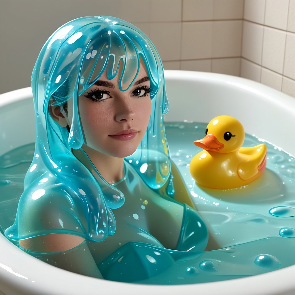 {1rubber duck, 1 rubber duck made out of slime, (slime rubber duck:1.5), yellow slime body, orange slime beak, glossy black eyes, translucent slime rubber duck, transparent slime rubber duck}
hud_sp_bth, flower, petals, water, bath, in an elegant bath tub, bubbles made out of slime, slimes hiding in the bath bubbles, bubble bath, perspective from inside tub, prespective from inside bath,
everything made of slime, No simple background,
((translucent slime)), ((transparent slime)), (bioluminescent slime), sl1m3d, slime, slime-morph, saturated colors,