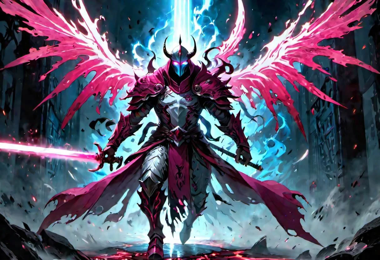full body warrior of light in white and dark pink armor clad in shadow dark mist has pink glow eyes with a thing blue mist running from the side of his eyes upwards masked face wielding a stylized katana of light angrey look blood stained cape right shoulder on black fire cloth mask revealing angrey eyes, with huge blue and black angle wings,
standing infront massive gates.