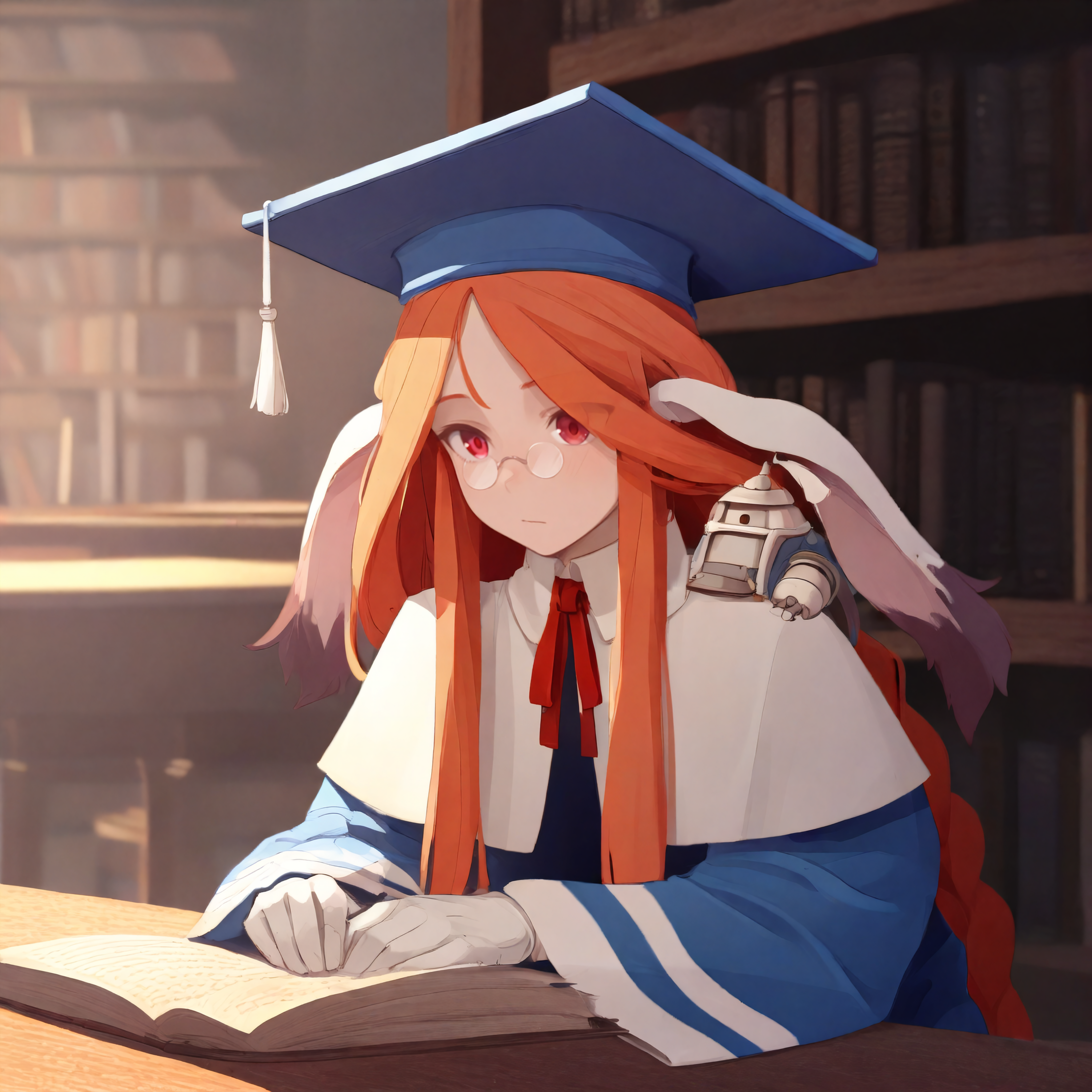 masterpiece, best quality, absurdres, 1girl,momon11,, red eyes, animal ears, orange hair, very long hair, braids, large hair, mortarboard,pince-nez,blue robes, white trim, white capelet, red ribbon, white gloves, robot on shoulder,sitting,library,desk,reading book, upper body <lora:momo_n11:0.8>  <lora:susho_n11:0.8>