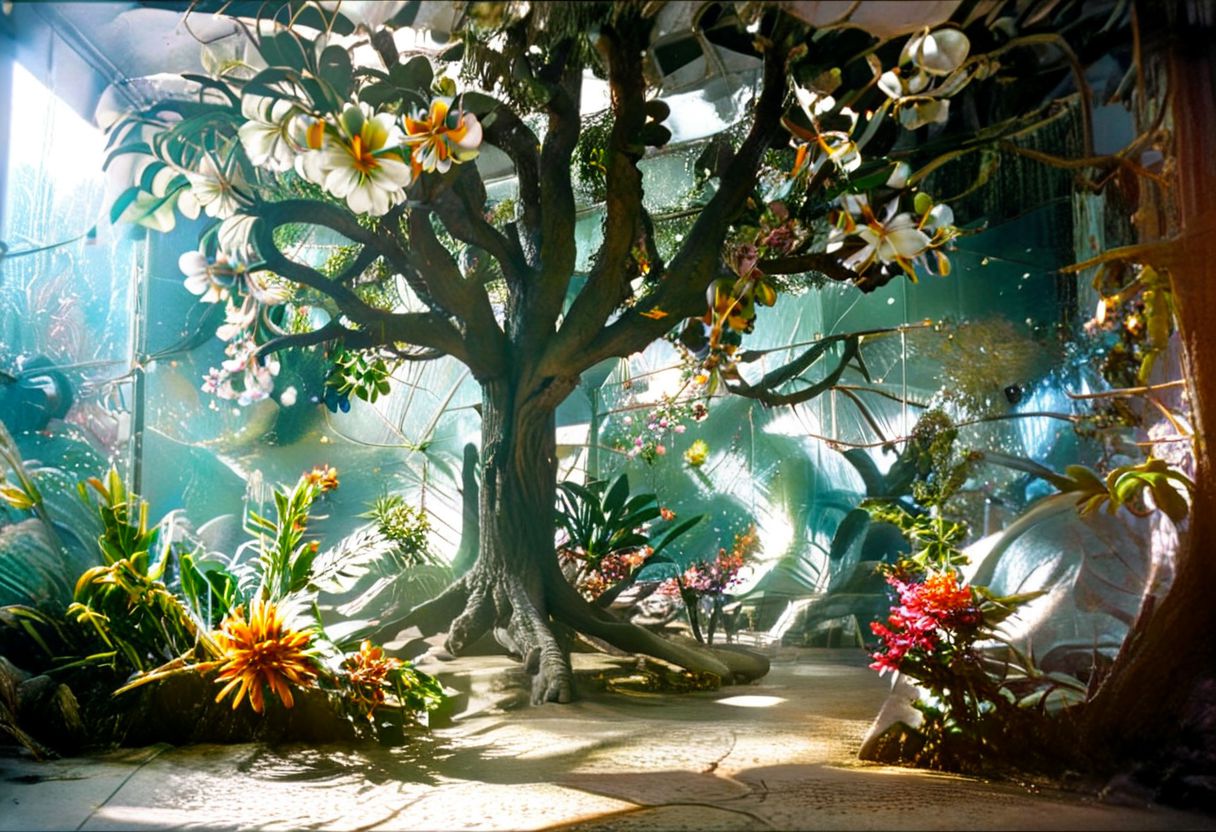 Photograph, masterpiece,best quality, of An astonishing award winning, art installation, the interior of an incredible starship, poly acrylic resin molded tree sculptures, fake plastic flowers, 1970s Brazilian Tropicalia retrofuturism, in the style of Pipilotti Rist, complex shadows, retro, science fiction style