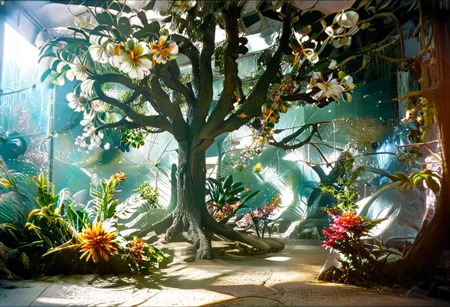 Photograph, masterpiece,best quality, of An astonishing award winning, art installation, the interior of an incredible starship, poly acrylic resin molded tree sculptures, fake plastic flowers, 1970s Brazilian Tropicalia retrofuturism, in the style of Pipilotti Rist, complex shadows, retro, science fiction style