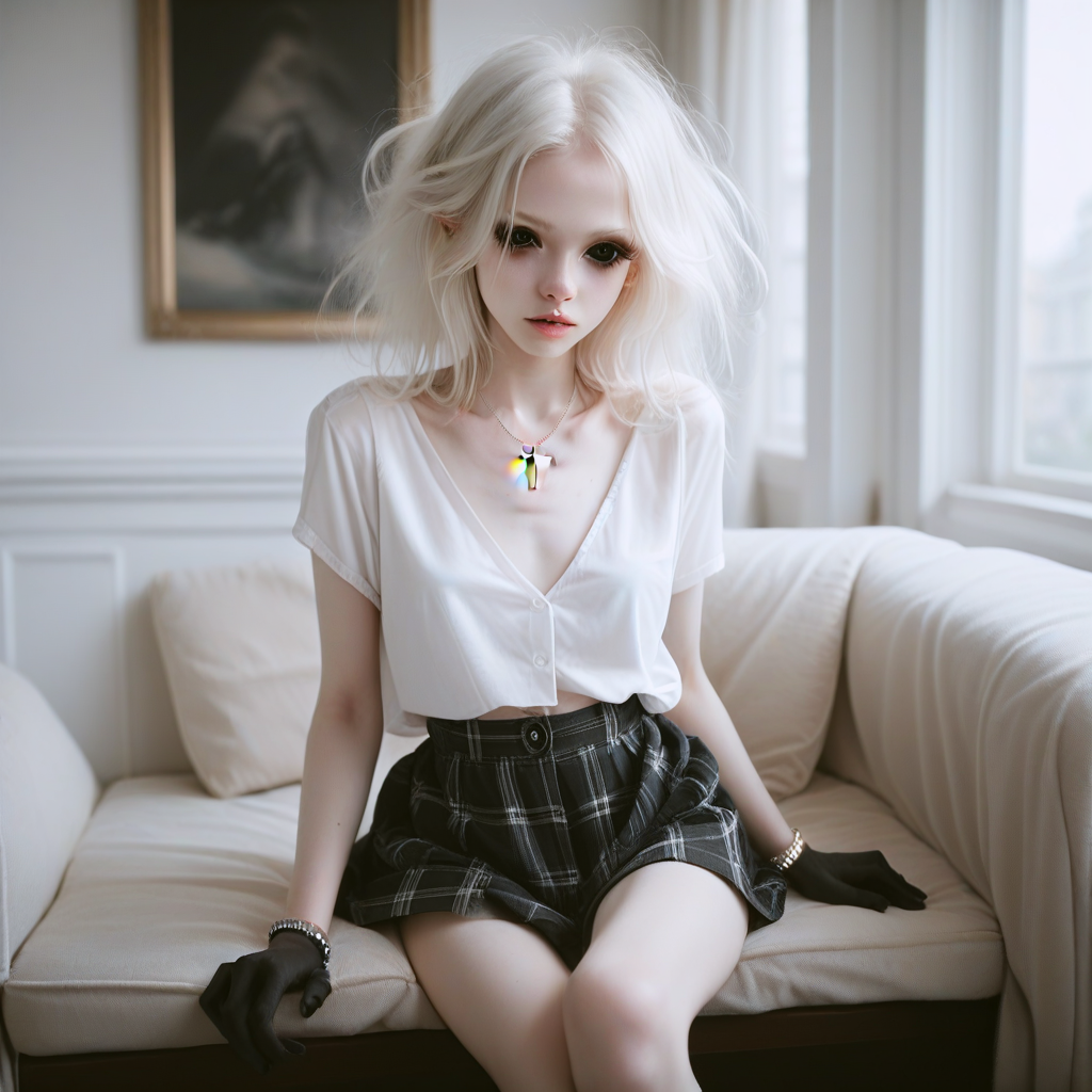 score_9_up, score_8_up, score_7_up, 
1girl, solo, <lora:bdemonpony011:1>, colored skin, pale skin, white skin, black hands, black feet, pitch black eyes, monster girl, skinny, anorexic, slim, horns, white hair,  
chain necklace, cross necklace, bracelets, white shirt and plaid skirt, 
indoors, dark black room, music decorations, 80's punk style, solo,  <lora:Skin Color_alpha1.0_rank4_noxattn_250steps:-1.5>