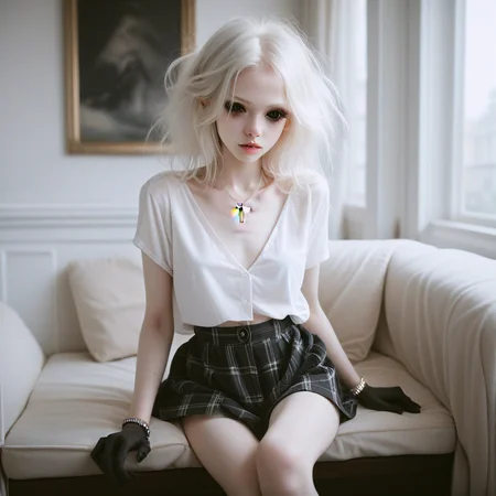 score_9_up, score_8_up, score_7_up,
1girl, solo, <lora:bdemonpony011:1>, colored skin, pale skin, white skin, black hands, black feet, pitch black eyes, monster girl, skinny, anorexic, slim, horns, white hair,
chain necklace, cross necklace, bracelets, white shirt and plaid skirt,
indoors, dark black room, music decorations, 80's punk style, solo, <lora:Skin Color_alpha1.0_rank4_noxattn_250steps:-1.5>