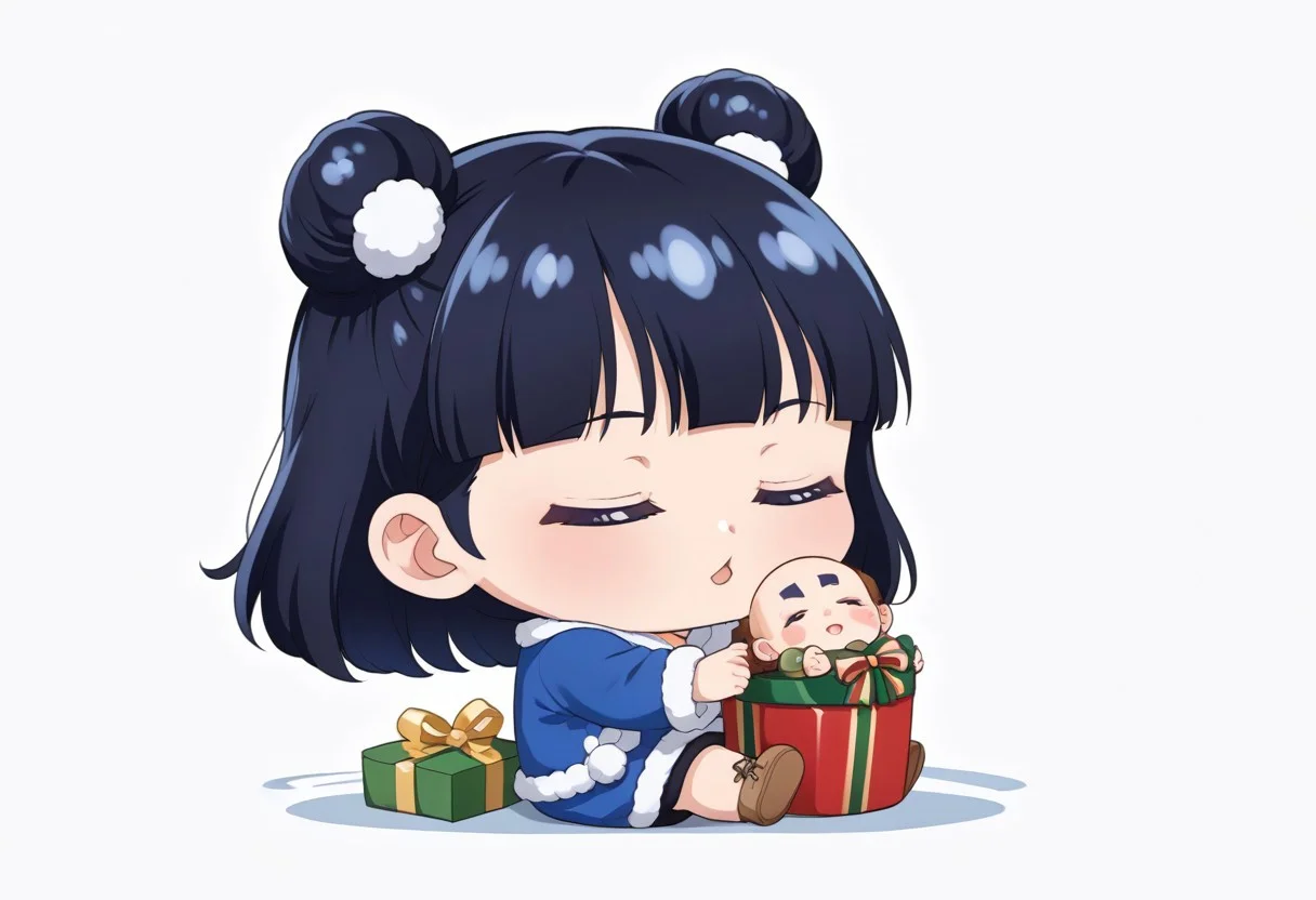 chibi solo, 1girl, medium black hair fluffy blue hanfu, wide long sleeves white hanfu, funny, chibi sitting, infant, toddler,
Fat chibi open christmas gifts, medium, baby, infant, toddler,
 closing eyes, giggled, white background, christmas party, chibi, chibi, infant, force side view, force from side,