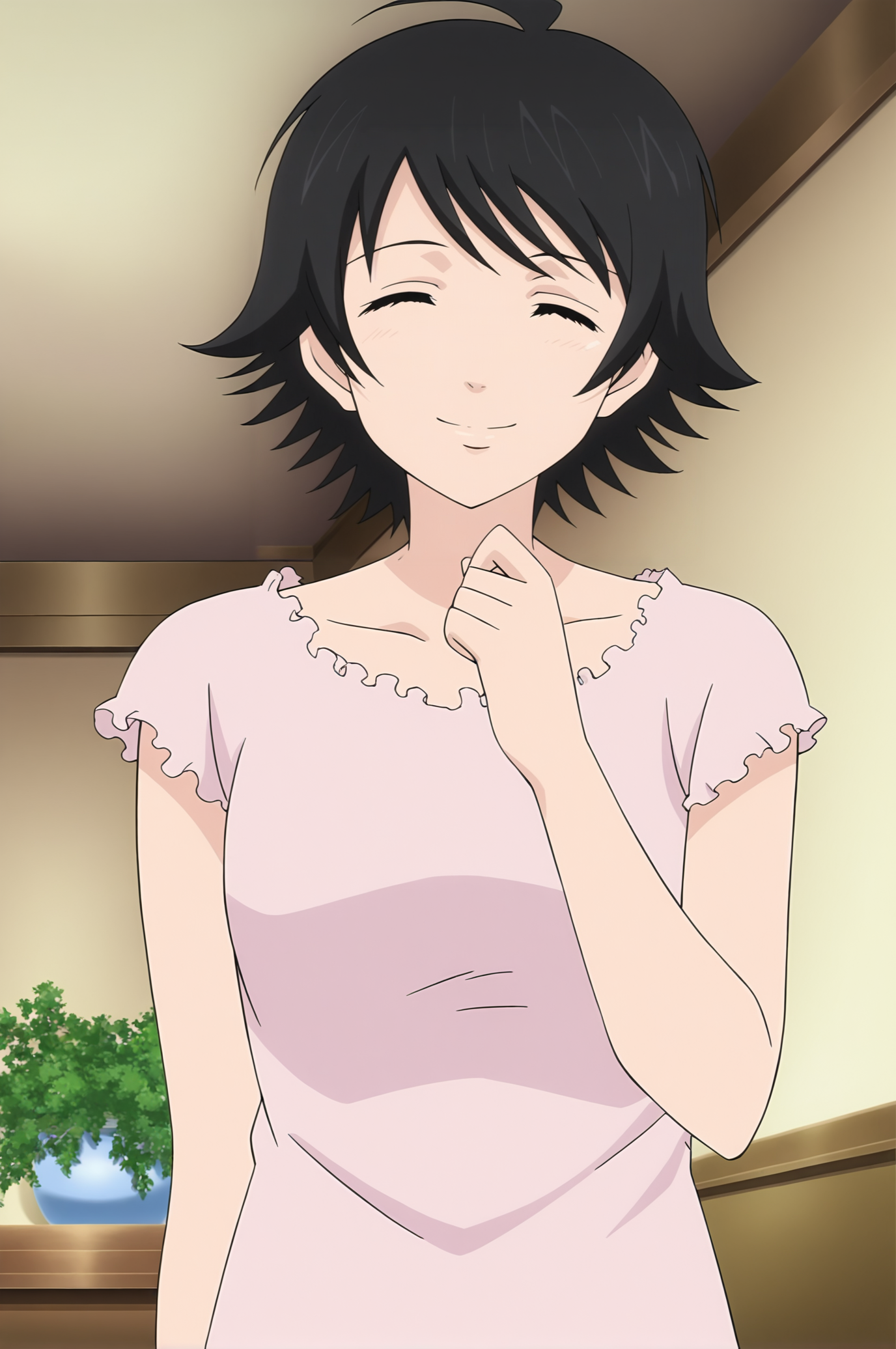 anime screencap,anime coloring,detailed face,masterpiece,best quality,very aesthetic,absurdres,volumetric lighting,official style,amazing quality,ultra detailed,highres,amazing quality,scenery,beautiful detailed hair,beautiful detailed eyes,official anime artwork,
Saiki Kurumi,black hair,1girl,short hair,<lora: Saiki Kurumi-IL V1>,ahoge,solo,solo focus,mature female,
indoors,closed eyes,upper body,smile,looking at viewer,
