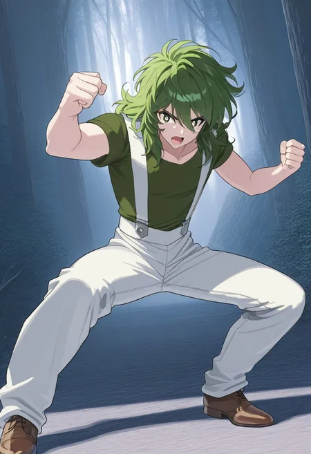 score_9, score_8_up, score_7_up, masterpiece, ANDROMESHUN,SHUNPLAIN, 1boy, slender figure, long wavy green hair, green eyes, green shirt, white overalls, brown shoes, action pose, dynamic, (highly detailed:1.2), (intricate:1.2), (best quality:1.2),(8k:1.2), (sharp:1.2), (majestic:1.2), natural lighting, detail++,