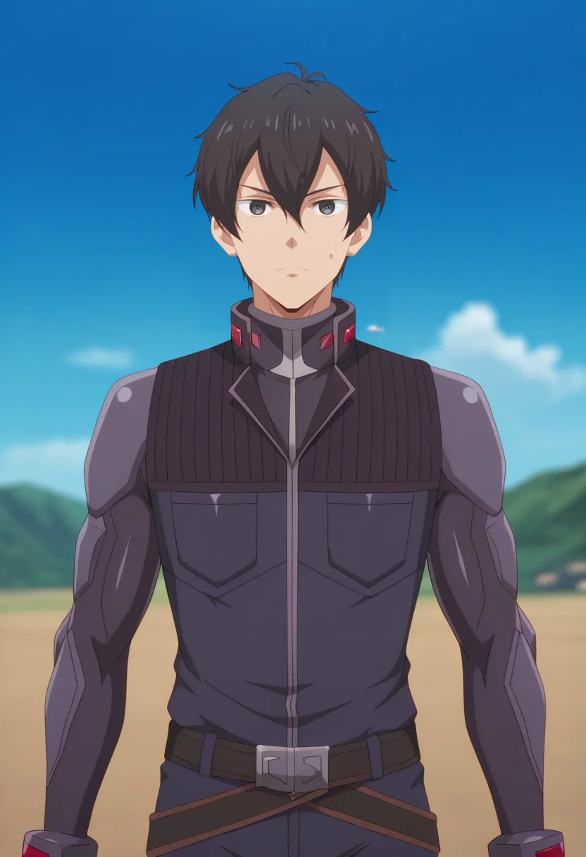 masterpiece, best quality, amazing quality,high resolution,intricate details,official style,depth of field,anime screencap , , , 1boy, solo, male focus, <lora:Leon_Fou_Bartfort:0.90>,leon fou batfort,black hair,black eyes,short hair,looking at viewer,pilot suit,outdoor,sky