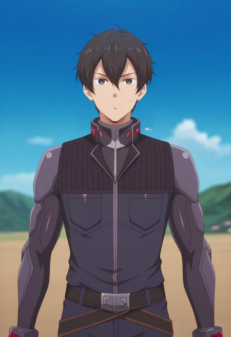 masterpiece, best quality, amazing quality,high resolution,intricate details,official style,depth of field,anime screencap , , , 1boy, solo, male focus,  <lora:Leon_Fou_Bartfort:0.90>,leon fou batfort,black hair,black eyes,short hair,looking at viewer,pilot suit,outdoor,sky